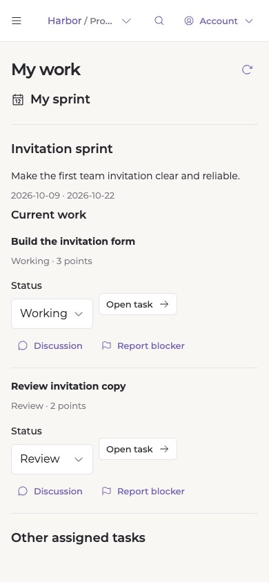 My work on a phone-sized viewport, with task status and discussion actions.