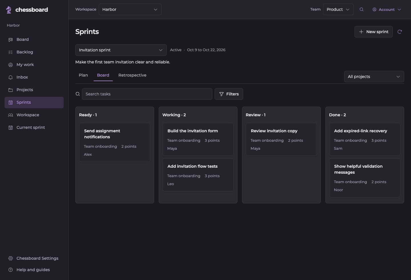 Sprint tasks in the illustrative Harbor workspace in the dark theme.