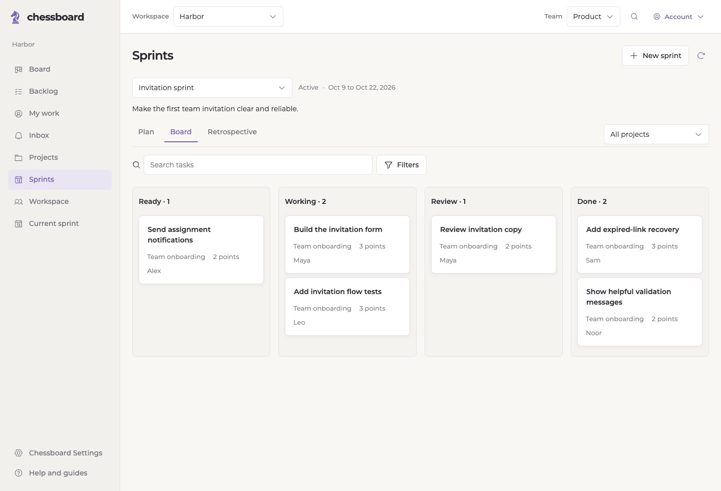 Sprint tasks in the illustrative Harbor workspace.