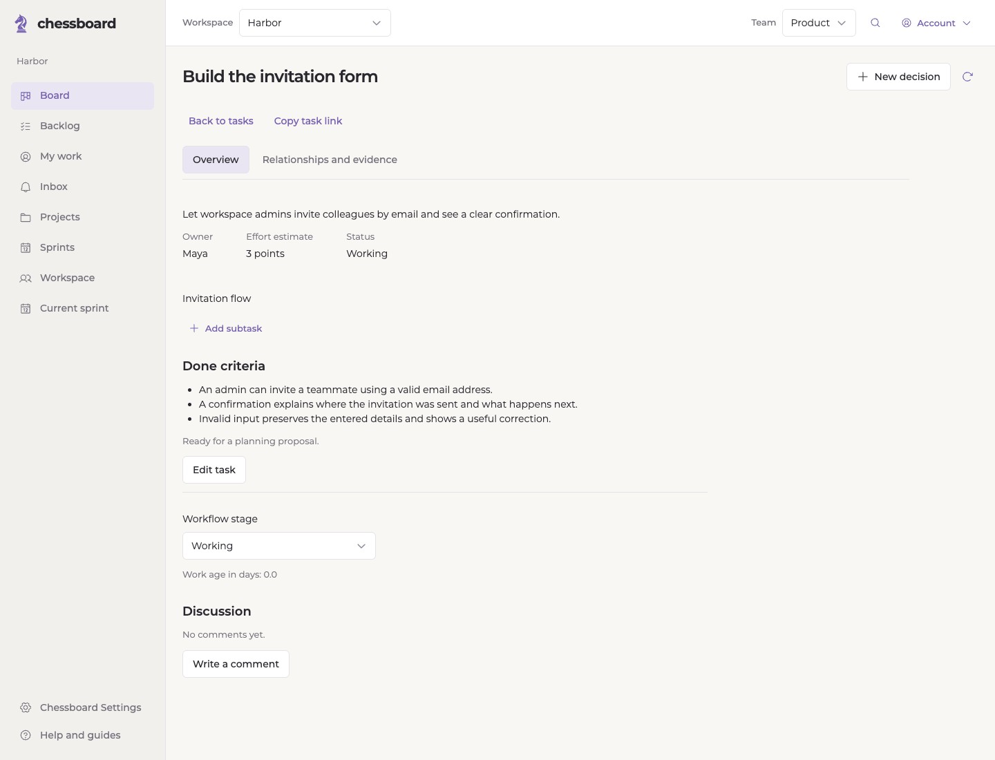 A task showing scope, owner Maya, estimate and three done criteria.